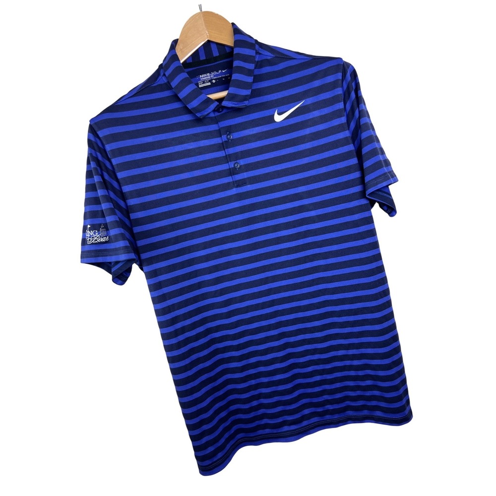 Nike Golf Polo Men XL Blue Stripe Dri-Fit King & Bear Logo Performance Shirt A30